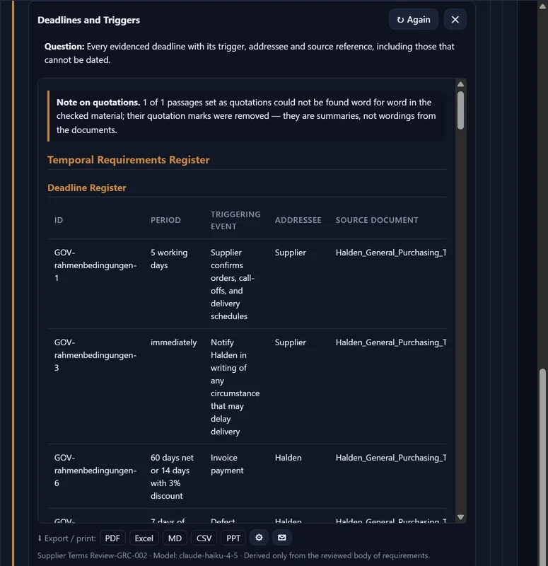 Bildschirmaufnahme von Aigis: die Extraktion „Fristen und Auslöser“ über die analysierten Vorgaben eines LEGAL-Projekts — Fristen aus Einkaufsbedingungen, Lieferantenbedingungen und Rahmenvertrag in einer Tabelle, je mit Quelle.