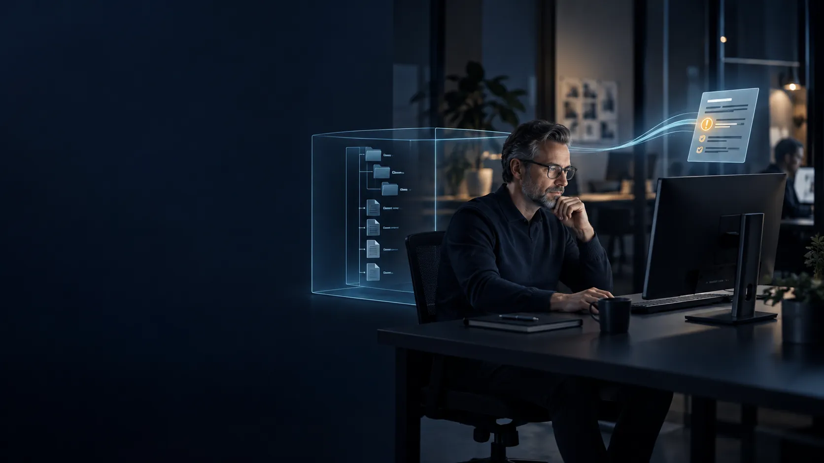 Entwickler prüft Software am eigenen Arbeitsplatz; ein geschütztes lokales Repository bleibt im Arbeitsbereich, nur ein Befund verlässt ihn.